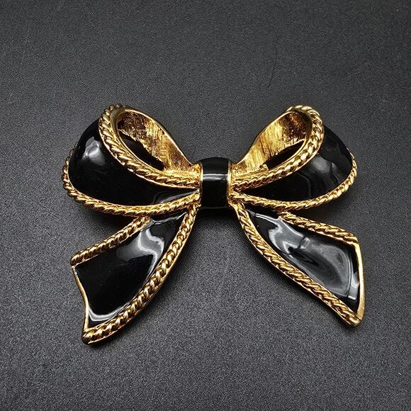 Kenneth Jay Lane for Avon Enhancer Pendant Gold Tone Bow Black Enamel - Picture 8 of 10